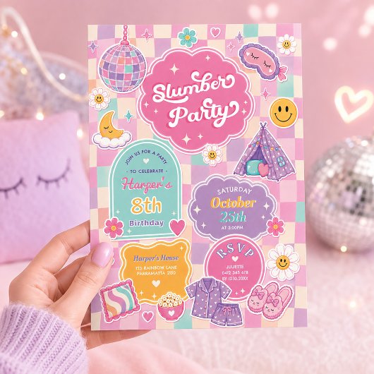 Groovige Pyjamaparty Schachbrett Regenbogen Geburt Einladung