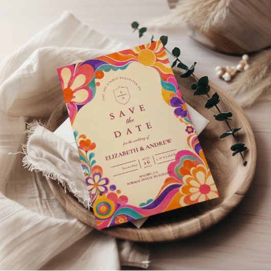 Groovige Retro-60er-Hochzeit Save The Date