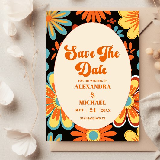 Groovige Retro-Blumenhochzeit Save The Date