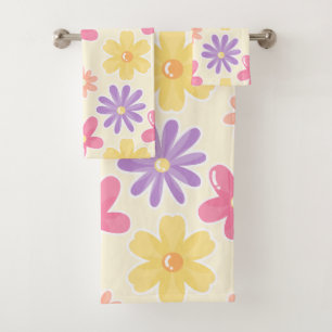 Groovige Retro-Pastell-Gänseblümchen-Blumenflor Badhandtuch Set