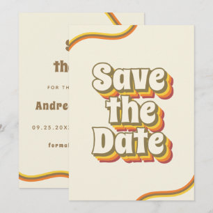 Groovige Retro-Typografie & Regenbogenstreifen 60e Save The Date