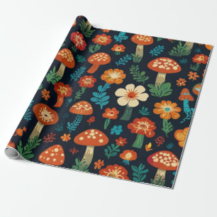 Grooviges Pilz- und Blumenmuster Geschenkpapier