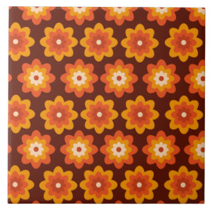 Grooviges Retro-70er-Boho-Hippie-Orangen-Blumenmus Fliese
