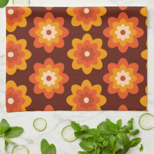 Grooviges Retro-70er-Boho-Hippie-Orangen-Blumenmus Geschirrtuch