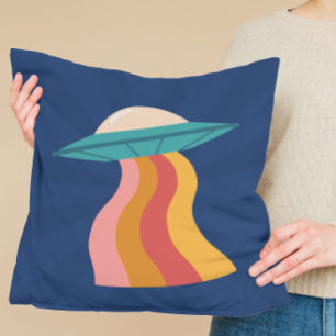 Grooviges Retro-Alien-Raumschiff-Regenbogen Kissen