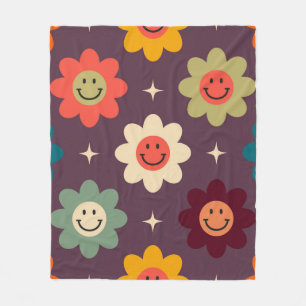 Grooviges Smiley-Blumenmuster Retro 70er Jahre G Fleecedecke