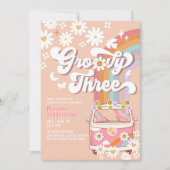 Groovy 3rd Pink Daisy Rainbow Hippie Birthday Einladung (Vorderseite)