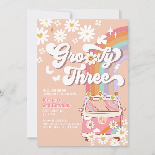 Groovy 3rd Pink Daisy Rainbow Hippie Birthday Einladung (Vorderseite)