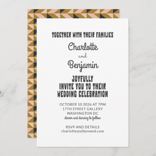 Groovy 70er Black Gold All-in-One Retro-Hochzeit Einladung (Vorne/Hinten)