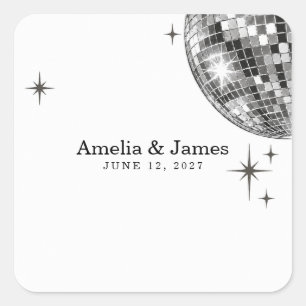 Groovy 70er Disco-Kugel Schwarz-Weiß-Hochzeit Quadratischer Aufkleber
