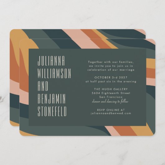 Groovy 70er Earthy Boho Abstrakte Streifen Hochzei Einladung (Vorne/Hinten)