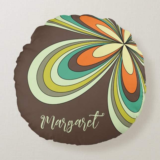 Groovy 70er Hippie Blume Brown Retro Daisy Name Rundes Kissen (Vorderseite)