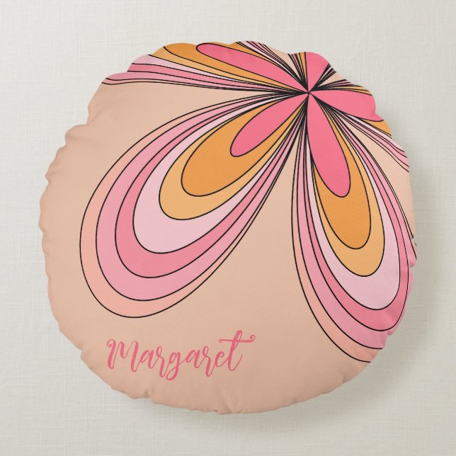 Groovy 70er Hippie Blume Peach Fuzz Daisy Name Rundes Kissen (Vorderseite)