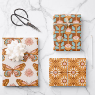Groovy 70er Jahre Schmetterlinge, Blume und geomet Geschenkpapier Set