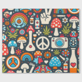 Groovy 70er Muster mit Friedenszeichen und Pilzen Geschenkpapier (Flach)