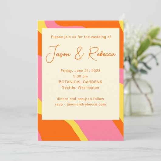 Groovy 70er Orange Pink alles in einem Budget Hoch Einladung (Stehend Vorderseite)