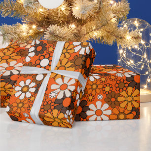 Groovy 70er Retro Floral Orange und braunes Muster Geschenkpapier