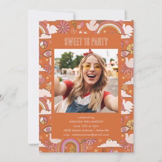 Groovy 70er Retro Hippie Peace Foto Sweet 16 Party Einladung (Vorderseite)