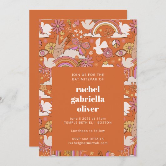 Groovy 70er Retro Hippie Peace Orange Bat Mitzvah Einladung (Vorne/Hinten)