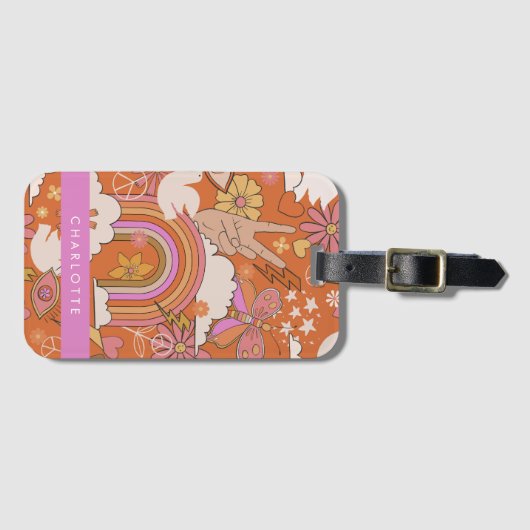 Groovy 70er Retro Hippie Peace Orange Bohemisch Gepäckanhänger (Vorderseite (Horizontal))
