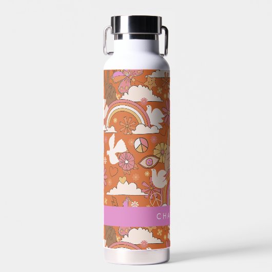 Groovy 70er Retro Hippie Peace Orange Bohemisch Trinkflasche (Vorne)