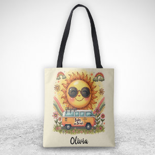 Groovy 70er Retro Lächelnde Sonne, Peace & Love Vi Tasche