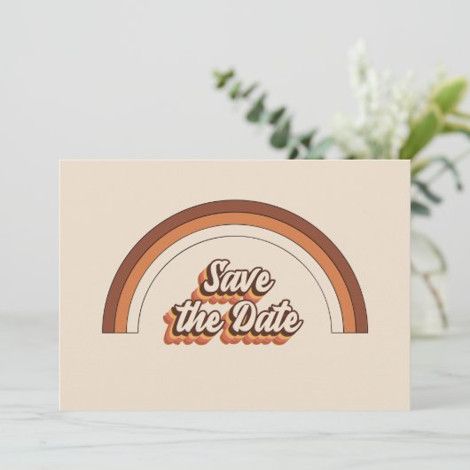 Groovy 70er Typografie Retro Terracotta Rainbow Save The Date (Stehend Vorderseite)