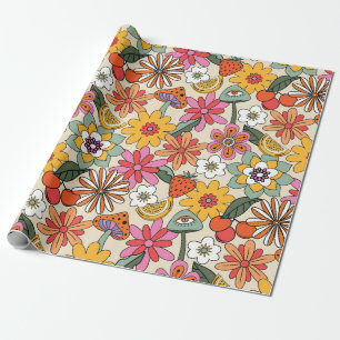 Groovy 70's, Orange, Pink und Green Floral Geschenkpapier