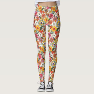 Groovy 70's, Orange, Pink und Green Floral Leggings