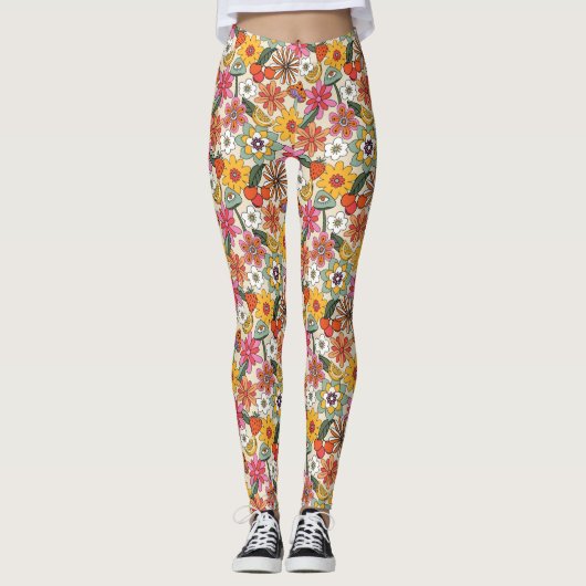 Groovy 70's, Orange, Pink und Green Floral Leggings (Vorderseite)