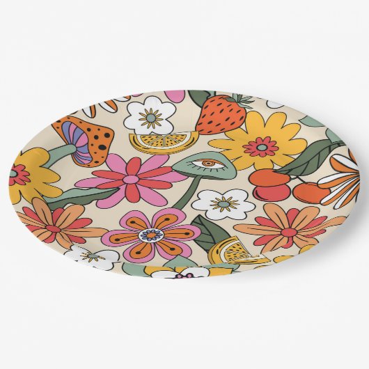 Groovy 70's, Orange, Pink und Green Floral Pappteller (Schrägansicht)