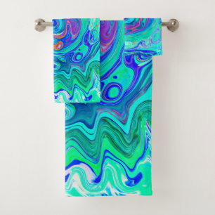 Groovy Abstract Ocean Blaue und Grüne Flüssigkeit Badhandtuch Set