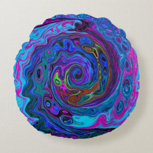 Groovy Abstract Retro Blau und Lila Wirbel Rundes Kissen