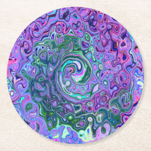 Groovy Abstract Retro Grün und Lila Wirbel Runder Pappuntersetzer
