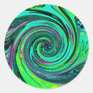 Groovy Abstract Retro Grün und Magenta Wirbel Runder Aufkleber