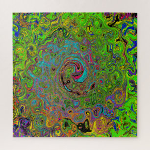 Groovy Abstract Retro Limettengrün und Blau Wirbel Puzzle