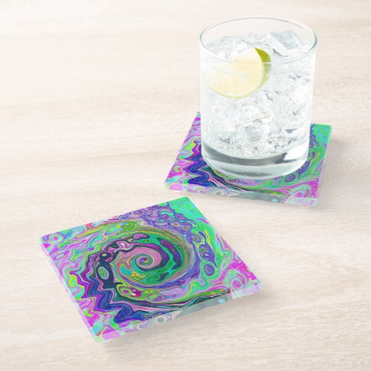 Groovy Abstrakt Aqua und Navy Lava Swirl Glasuntersetzer (Schrägansicht)