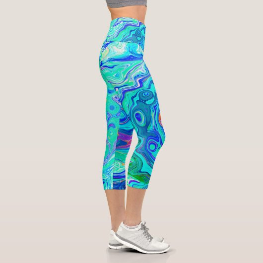 Groovy Abstrakt Ocean Blue und Green Liquid Swirl Capri Leggings (Rechts)