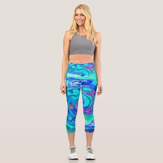 Groovy Abstrakt Ocean Blue und Green Liquid Swirl Capri Leggings (Vorderseite)