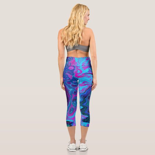 Groovy Abstrakt Retro Blau und Lila Swirl Capri Leggings (Rückseite)