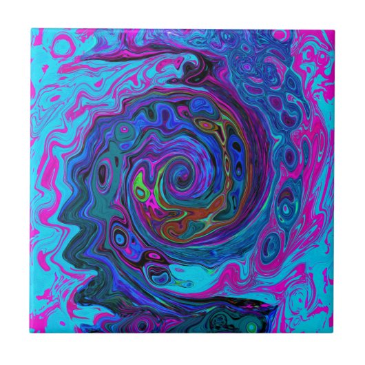 Groovy Abstrakt Retro Blau und Lila Swirl Fliese (Vorderseite)