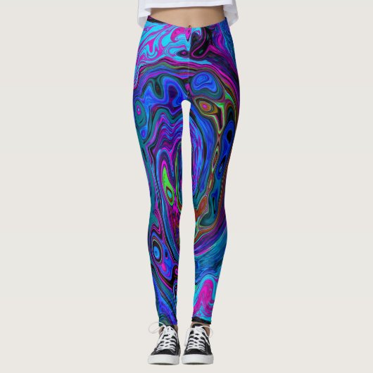 Groovy Abstrakt Retro Blau und Lila Swirl Leggings (Vorderseite)