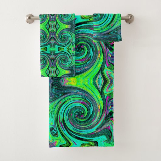 Groovy Abstrakt Retro Green und Magenta Swirl Badhandtuch Set (Insitu)