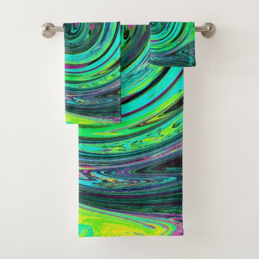 Groovy Abstrakt Retro Green und Magenta Swirl Badhandtuch Set (Insitu)