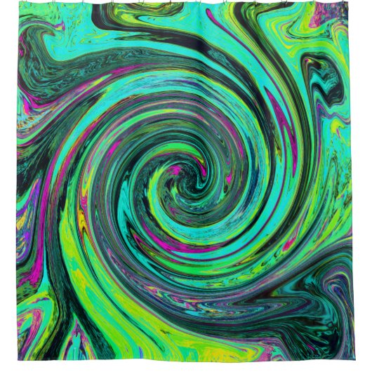 Groovy Abstrakt Retro Green und Magenta Swirl Duschvorhang (Vorderseite)