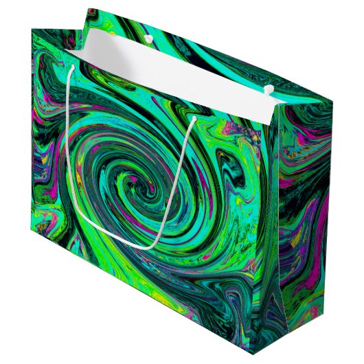 Groovy Abstrakt Retro Green und Magenta Swirl Große Geschenktüte (Vorderseite Schrägansicht)