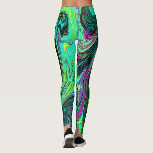 Groovy Abstrakt Retro Green und Magenta Swirl Leggings (Rückseite)