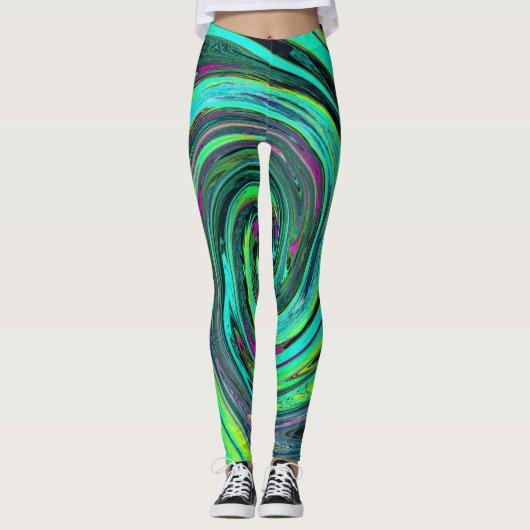 Groovy Abstrakt Retro Green und Magenta Swirl Leggings (Vorderseite)