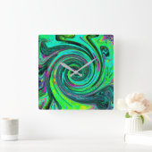 Groovy Abstrakt Retro Green und Magenta Swirl Quadratische Wanduhr (Zuhause)