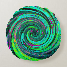 Groovy Abstrakt Retro Green und Magenta Swirl Rundes Kissen